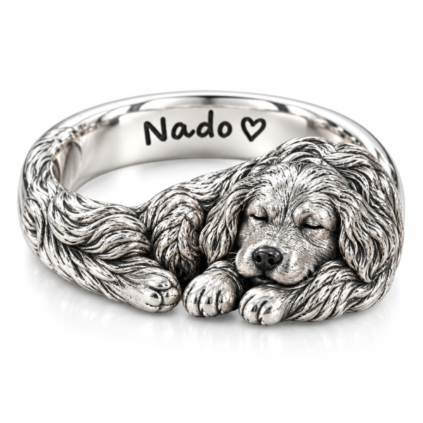 Personalized Dog Photo Ring – Custom 3D Sculpted 925 Sterling Silver Sleeping Pet Ring with Engraved Name