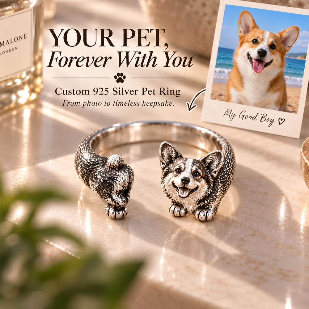 Custom 3D Relief Pet Photo Ring Personalized 925 Sterling Silver Wrap Corgi Ring Gift for Dog Mom