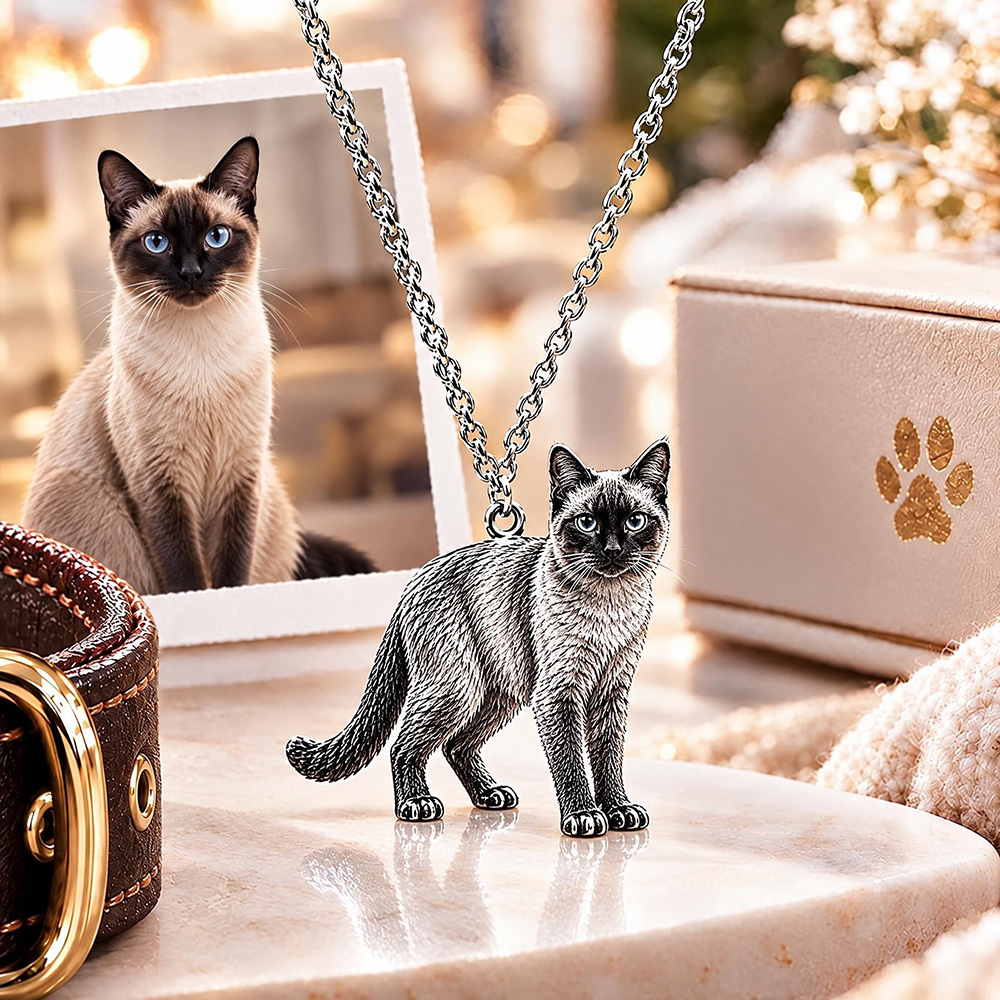 Personalized 3D Cat Photo Necklace Custom 925 Sterling Silver Siamese Pendant Jewelry Gift for Cat Mom