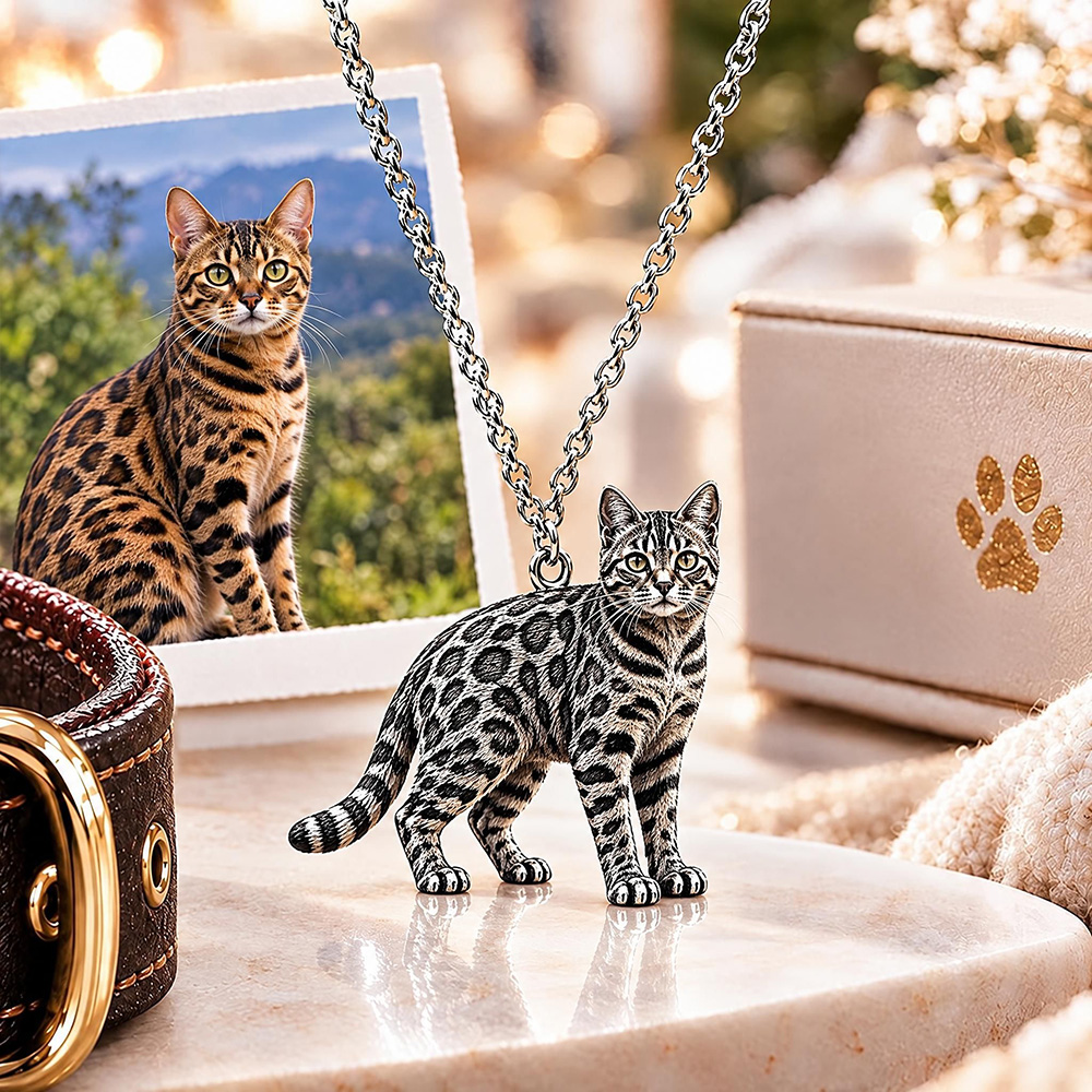Personalized 3D Cat Photo Necklace Custom 925 Sterling Silver Bengal Pendant Jewelry Gift for Cat Mom
