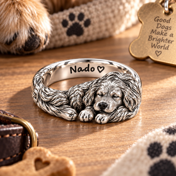 Personalized Dog Photo Ring – Custom 3D Sculpted 925 Sterling Silver Sleeping Pet Ring with Engraved Name