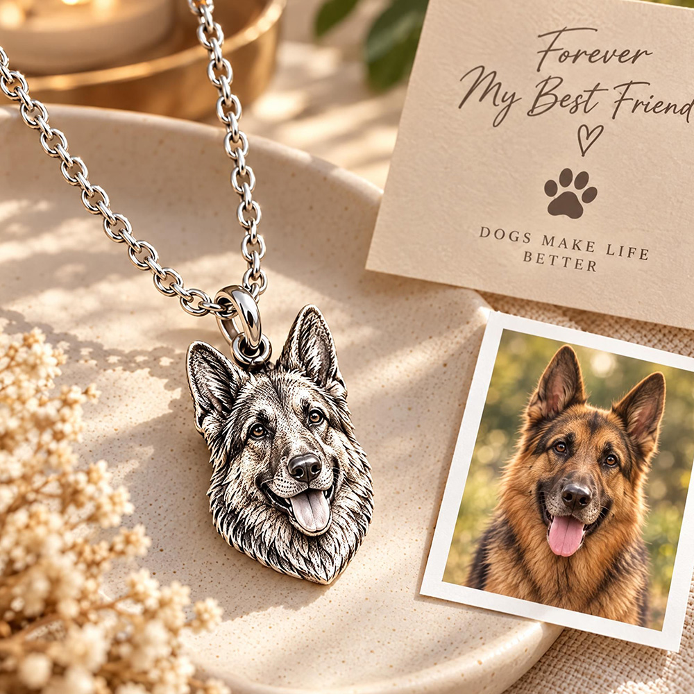 [Copy]Personalized 3D Embossed Dog Head Photo Necklace Custom 925 Sterling Silver German Shepherd Pendant Unique Pet Owner Gift