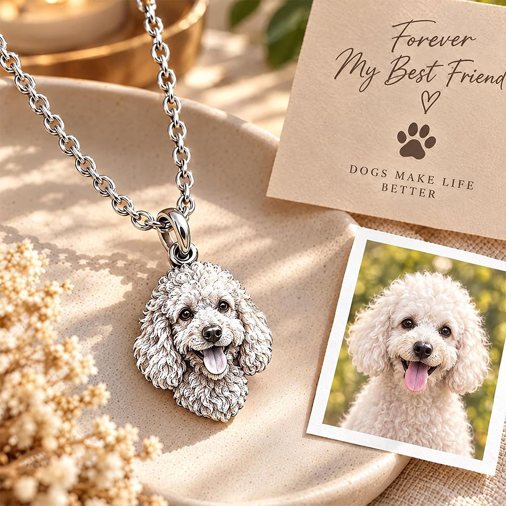 Personalized 3D Embossed Dog Head Photo Necklace Custom 925 Sterling Silver Poodle Pendant Unique Pet Owner Gift
