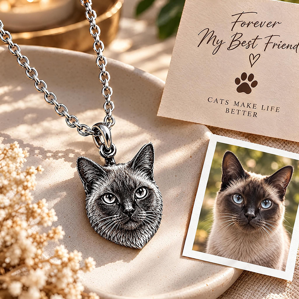 Personalized 3D Embossed Cat Head Photo Necklace Custom 925 Sterling Silver Siamese Pendant Unique Pet Owner Gift