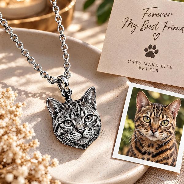 Personalized 3D Embossed Cat Head Photo Necklace Custom 925 Sterling Silver Bengal Pendant Unique Pet Owner Gift