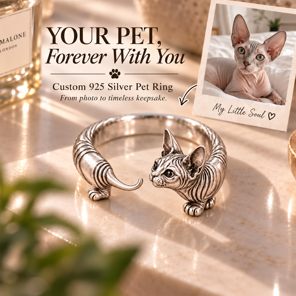 Custom 3D Relief Pet Photo Ring Personalized 925 Sterling Silver Wrap Sphynx Ring Gift for Cat Mom