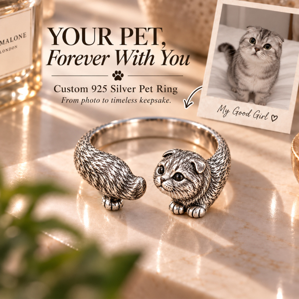 Custom 3D Relief Pet Photo Ring Personalized 925 Sterling Silver Wrap Scottish Fold Ring Gift for Cat Mom