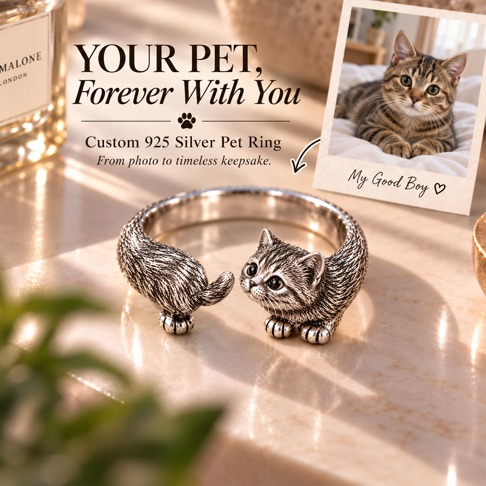 Custom 3D Relief Pet Photo Ring Personalized 925 Sterling Silver Wrap Mixed-breed cat Ring Gift for Cat Mom