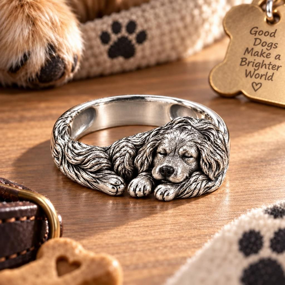 Personalized Dog Photo Ring – Custom 3D Sculpted 925 Sterling Silver Sleeping Pet Ring with Engraved Name