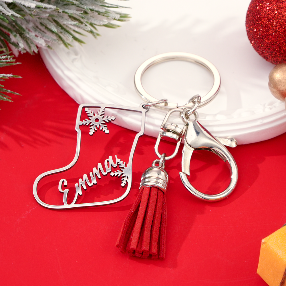 Custom Christmas Keychain Personalized Stainless Steel Key Ring with Name Engraving Holiday Gift for Him - CustomPetGifts