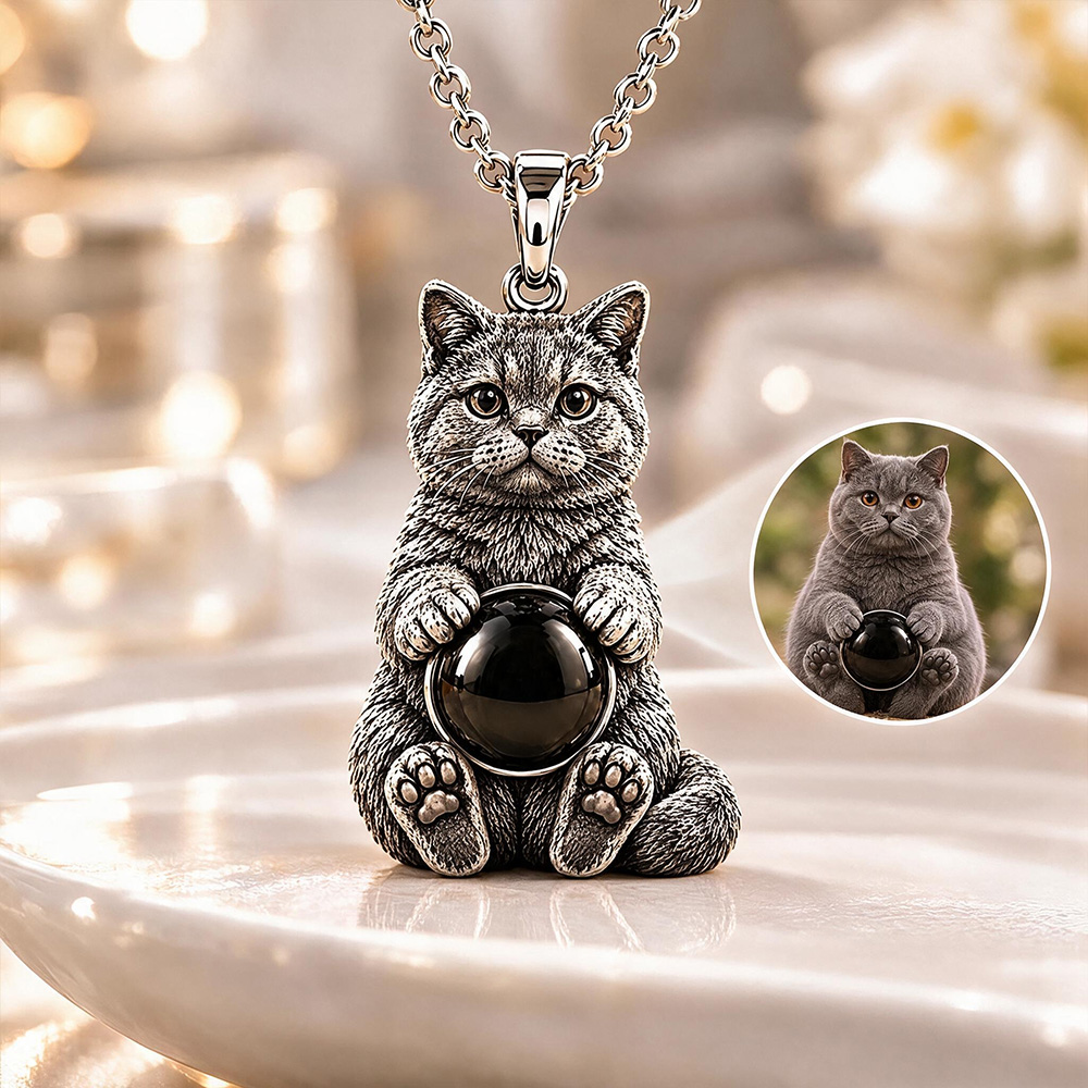 Personalized 3D Embossed British Shorthair Photo Projection Necklace Custom 925 Sterling Silver Pet Pendant Gift for Cat Mom