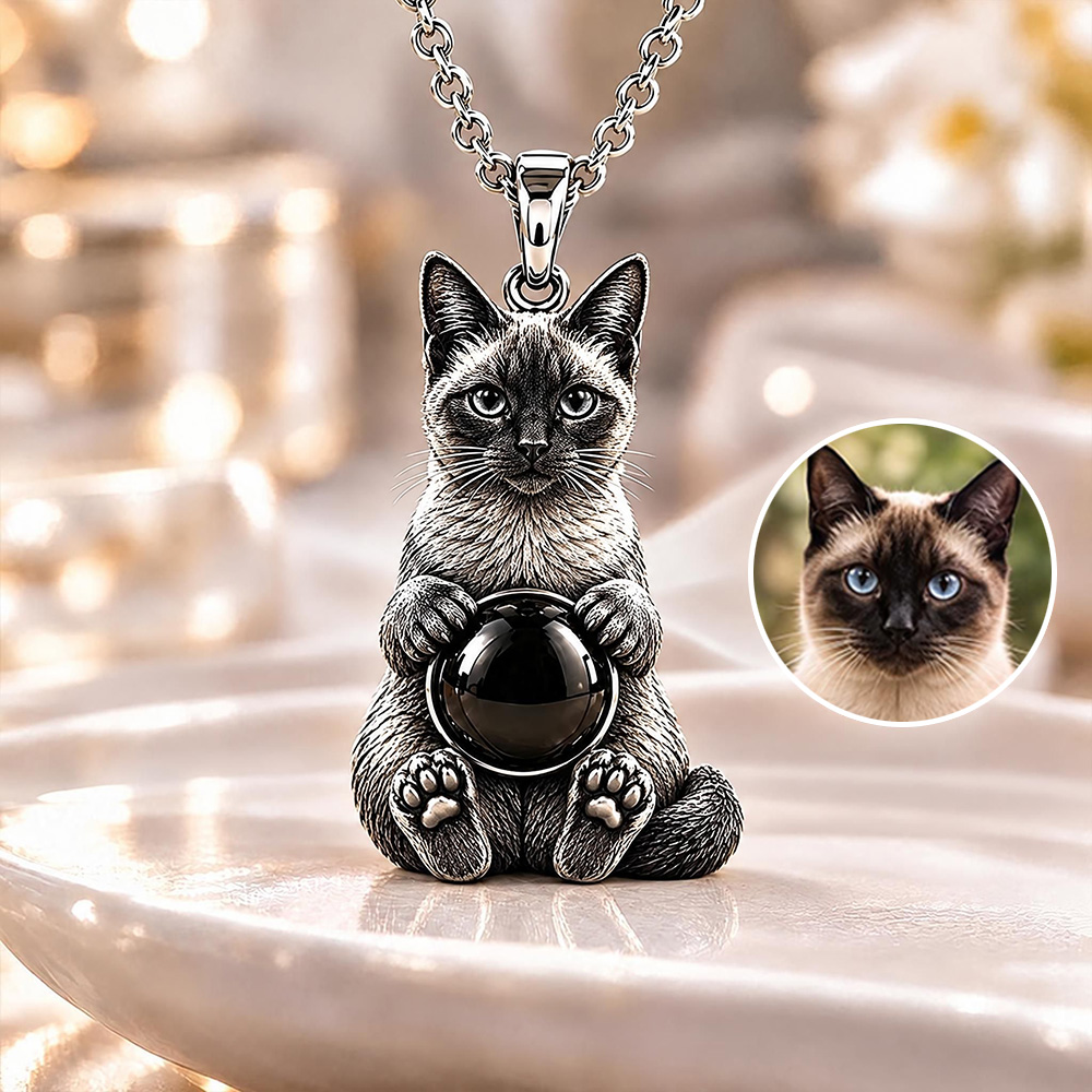 Personalized 3D Embossed Siamese Photo Projection Necklace Custom 925 Sterling Silver Pet Pendant Gift for Cat Mom