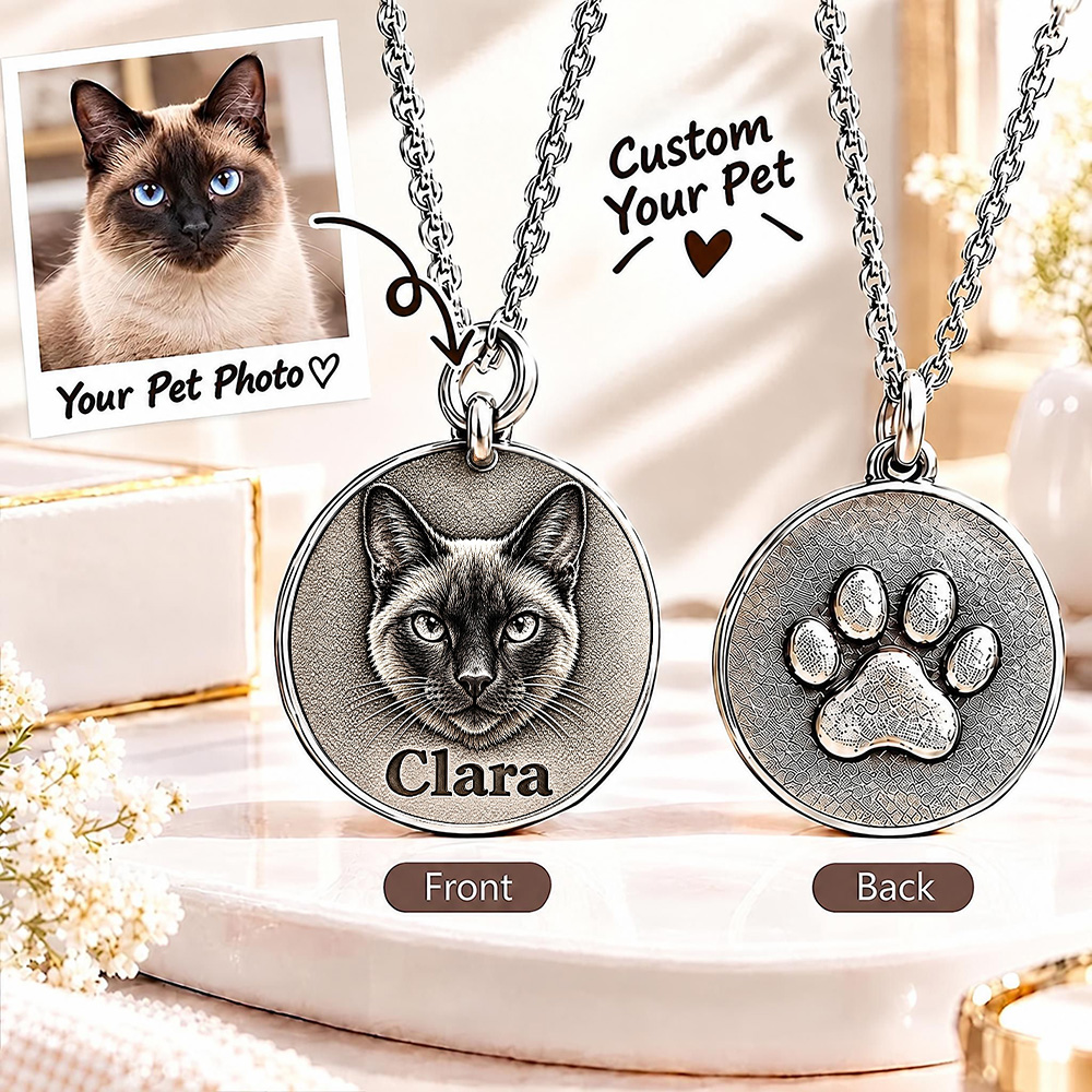 Personalized 3D Embossed Siamese Coin Photo Name Necklace Custom 925 Sterling Silver Pet Portrait Coin Necklace Gift for Cat Mom