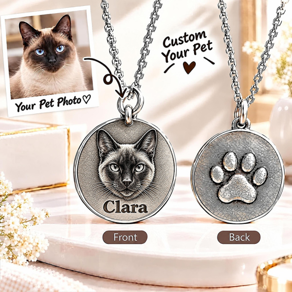 Personalized 3D Embossed Siamese Coin Photo Name Necklace Custom 925 Sterling Silver Pet Portrait Coin Necklace Gift for Cat Mom