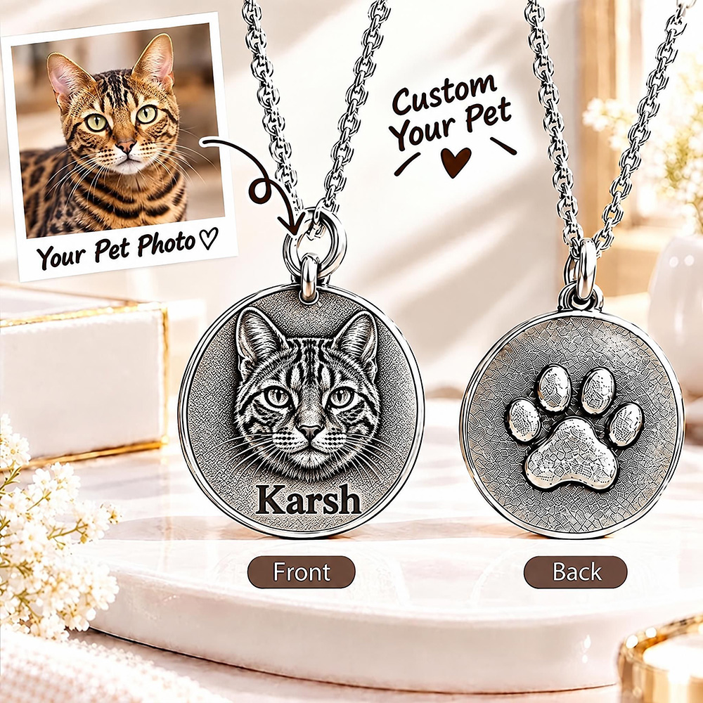 Personalized 3D Embossed Bengal Coin Photo Name Necklace Custom 925 Sterling Silver Pet Portrait Coin Necklace Gift for Cat Mom