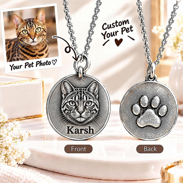 Personalized 3D Embossed Bengal Coin Photo Name Necklace Custom 925 Sterling Silver Pet Portrait Coin Necklace Gift for Cat Mom