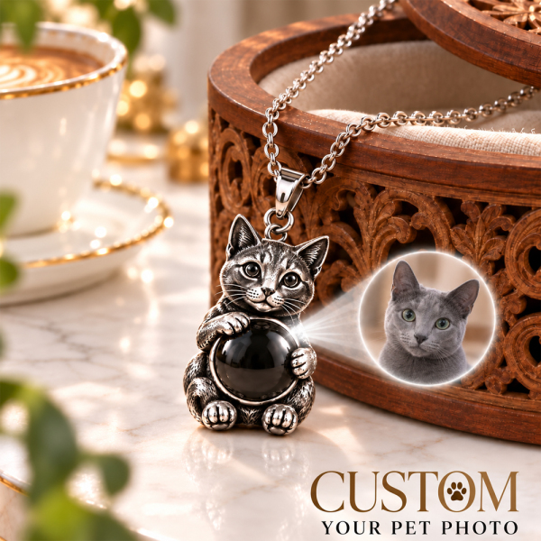 Personalized 3D Embossed Russian Blue Photo Projection Necklace Custom 925 Sterling Silver Pet Pendant Gift for Cat Mom