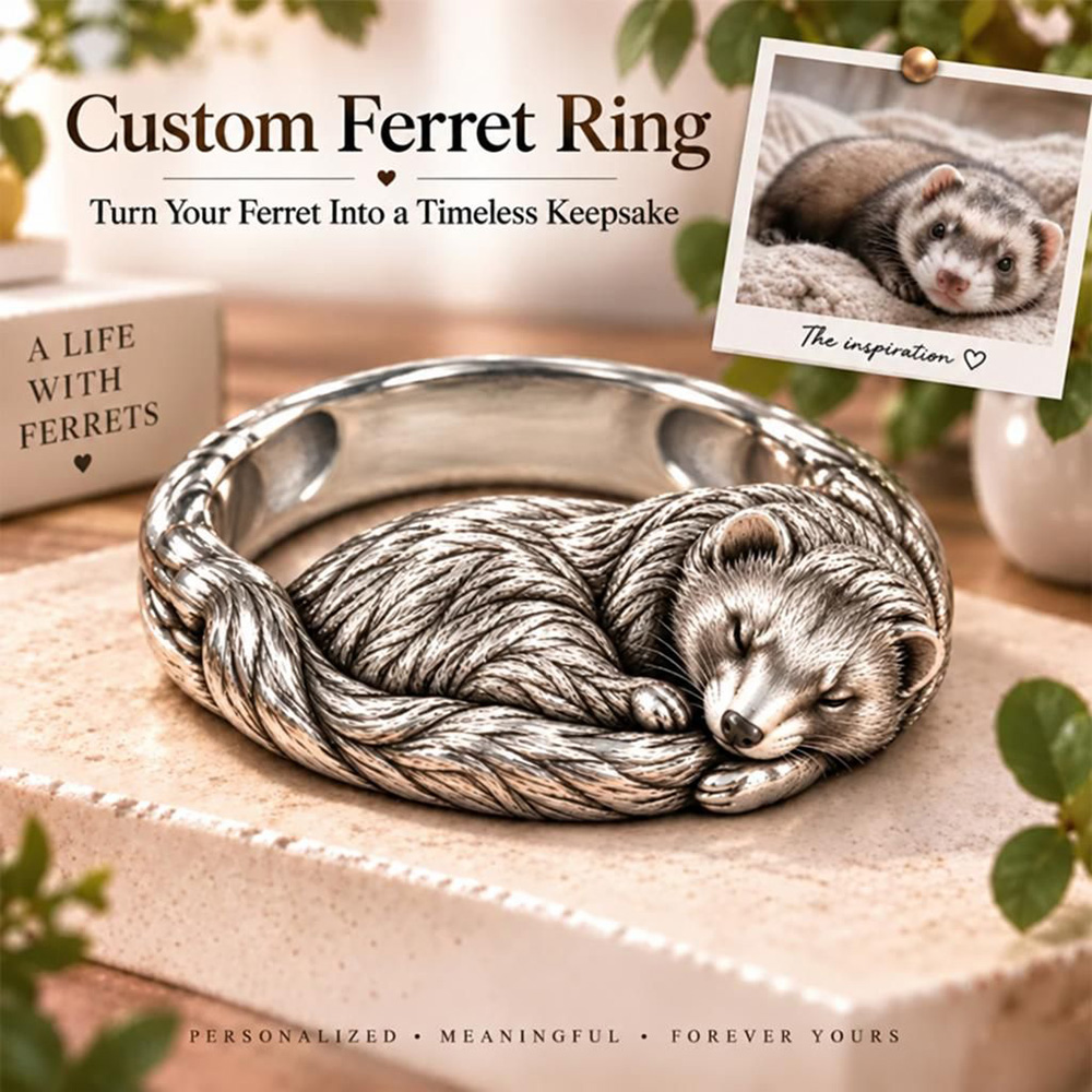 Custom 3D Embossed Sleeping Pet Ring Personalized 925 Sterling Silver Photo Ferret Ring Pet Memorial Gift