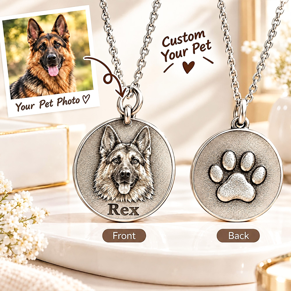 Personalized 3D Embossed German Shepherd Coin Photo Name Necklace Custom 925 Sterling Silver Pet Portrait Coin Necklace Gift for Dog Mom