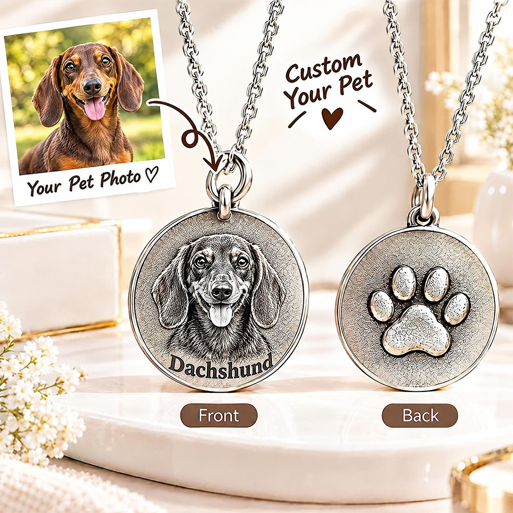 Personalized 3D Embossed Dachshund Coin Photo Name Necklace Custom 925 Sterling Silver Pet Portrait Coin Necklace Gift for Dog Mom