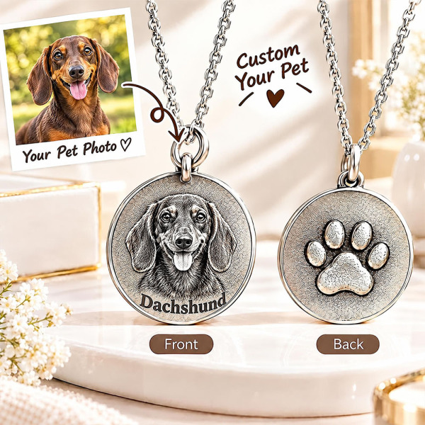 Personalized 3D Embossed Dachshund Coin Photo Name Necklace Custom 925 Sterling Silver Pet Portrait Coin Necklace Gift for Dog Mom