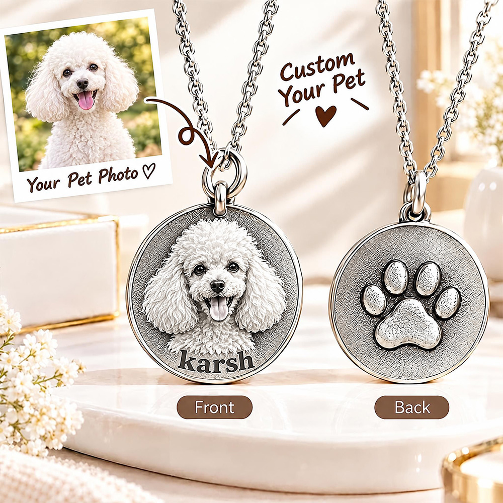 Personalized 3D Embossed Poodle Coin Photo Name Necklace Custom 925 Sterling Silver Pet Portrait Coin Necklace Gift for Dog Mom