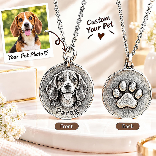 Personalized 3D Embossed Beagle Coin Photo Name Necklace Custom 925 Sterling Silver Pet Portrait Coin Necklace Gift for Dog Mom