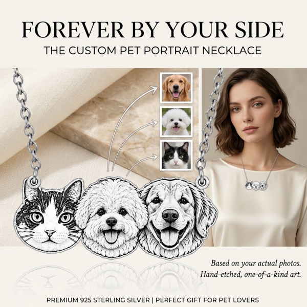 Personalized 925 Sterling Silver 3D Relief Pet Head Charm Necklace Custom  1 To 5 Pet Portrait Pendant Gifts For Pet Owners