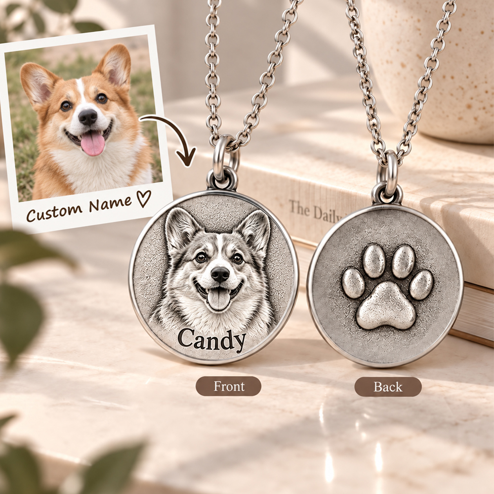 Personalized 3D Embossed Corgi Coin Photo Name Necklace Custom 925 Sterling Silver Pet Portrait Coin Necklace Gift for Dog Mom