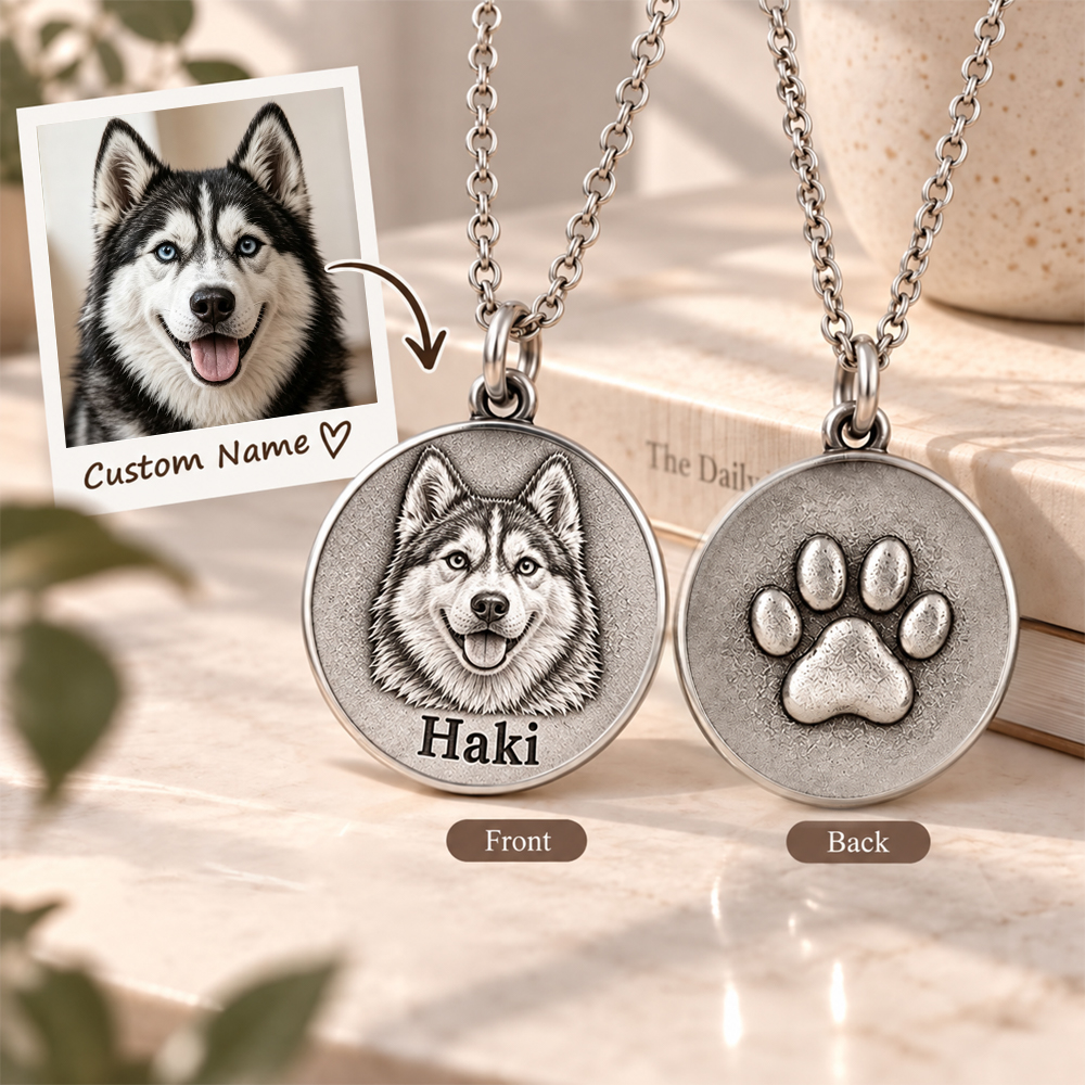 Personalized 3D Embossed Husky Coin Photo Name Necklace Custom 925 Sterling Silver Pet Portrait Coin Necklace Gift for Dog Mom