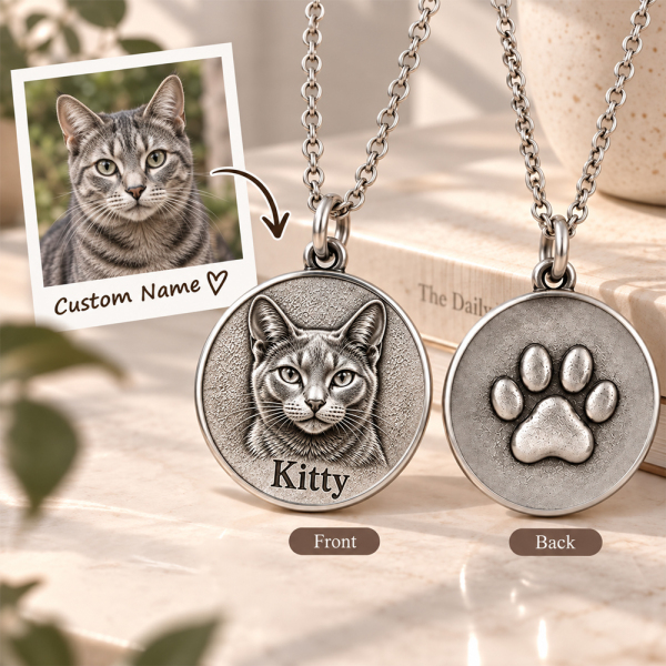 Personalized 3D Embossed Russian Blue Coin Photo Name Necklace Custom 925 Sterling Silver Pet Portrait Coin Necklace Gift for Cat Mom