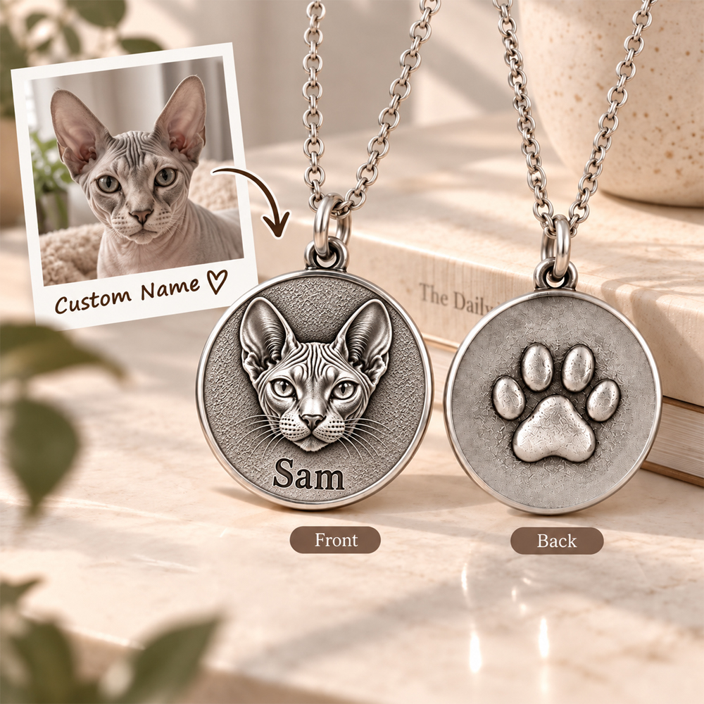 Personalized 3D Embossed Sphynx Coin Photo Name Necklace Custom 925 Sterling Silver Pet Portrait Coin Necklace Gift for Cat Mom