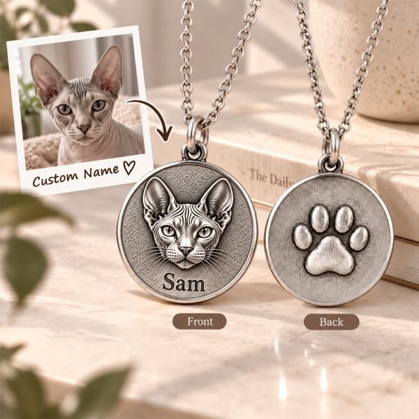 Personalized 3D Embossed Sphynx Coin Photo Name Necklace Custom 925 Sterling Silver Pet Portrait Coin Necklace Gift for Cat Mom