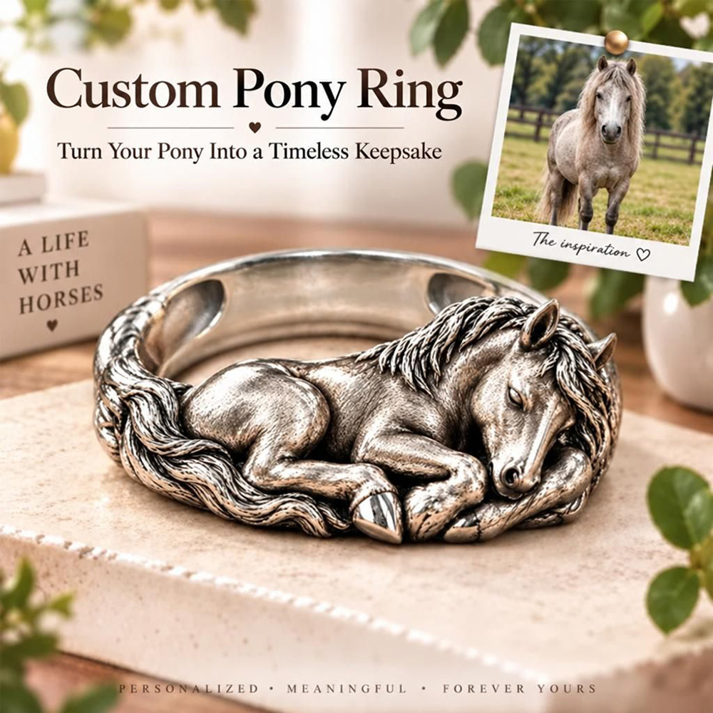 Custom 3D Embossed Sleeping Pet Ring Personalized 925 Sterling Silver Photo Horse Ring Pet Memorial Gift