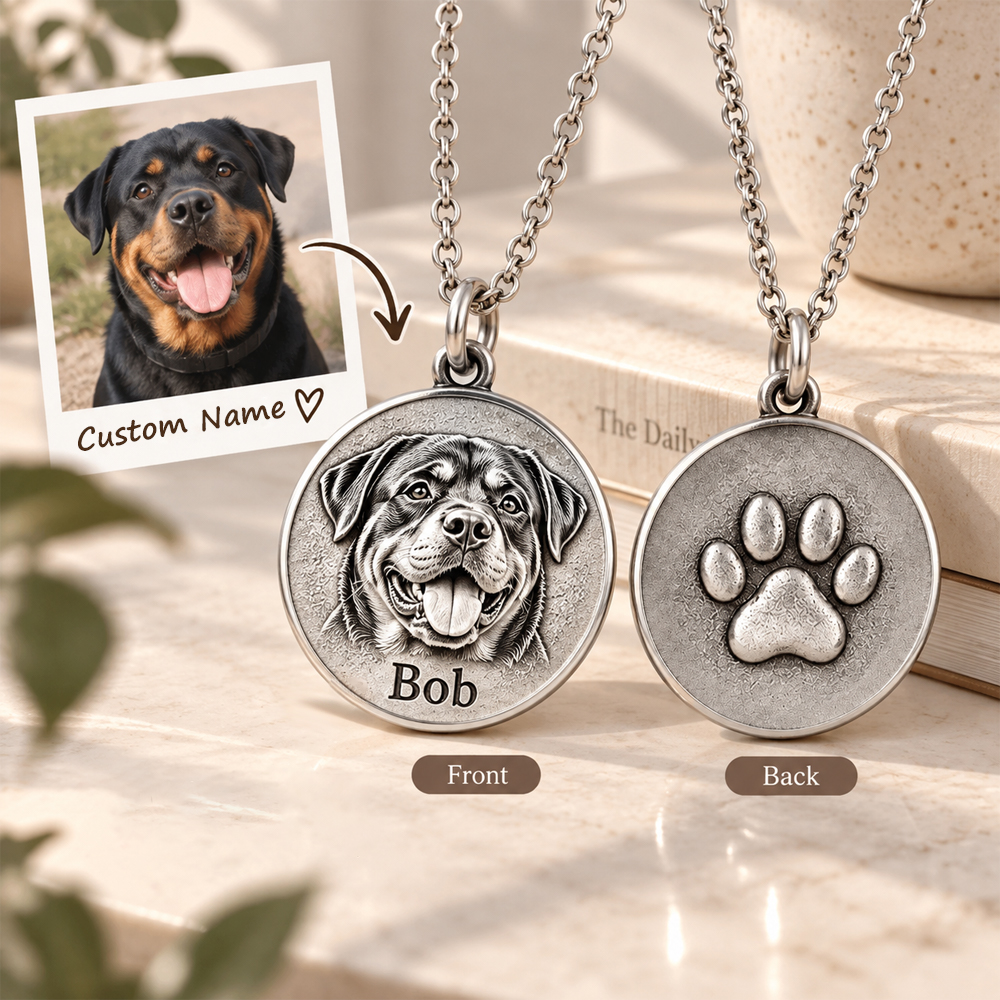 Personalized 3D Embossed Rottweiler Coin Photo Name Necklace Custom 925 Sterling Silver Pet Portrait Coin Necklace Gift for Dog Mom