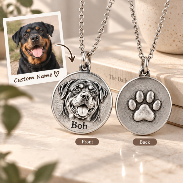 Personalized 3D Embossed Rottweiler Coin Photo Name Necklace Custom 925 Sterling Silver Pet Portrait Coin Necklace Gift for Dog Mom
