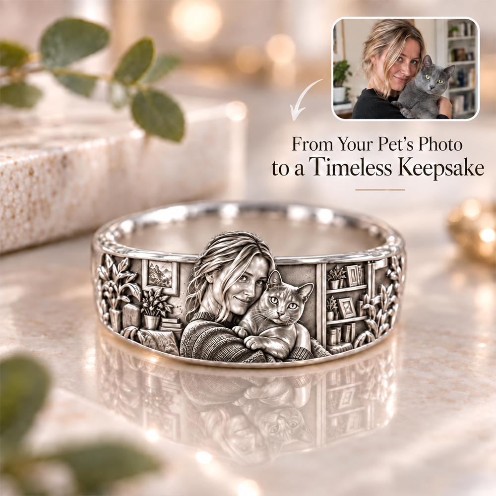 Personalized S925 Sterling Silver 3D Sculpted Russian Blue Ring Custom Photo Pet Relief Ring Unique Pet Memorial Jewelry Gift for Cat Mom