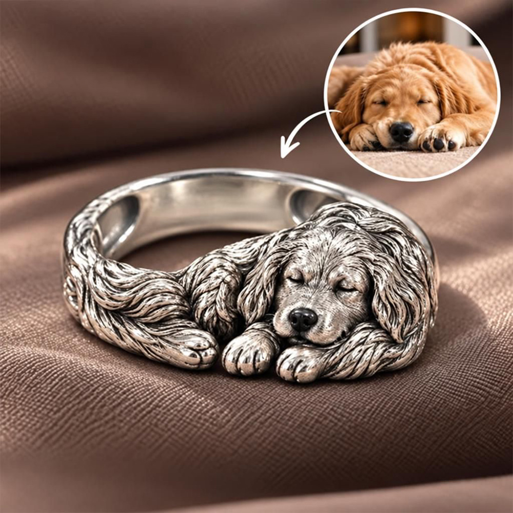 Custom 3D Embossed Sleeping Pet Ring Personalized 925 Sterling Silver Photo Ferret Ring Pet Memorial Gift