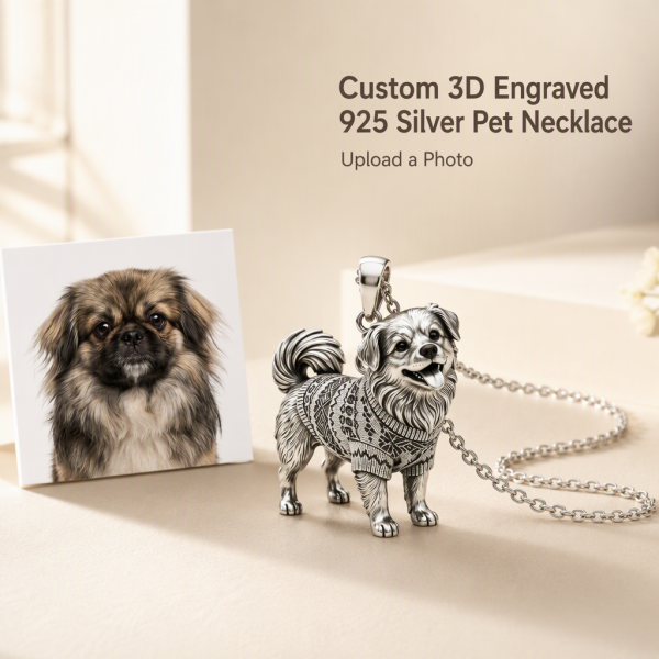 Personalized S925 Sterling Silver 3D Pet Pendant Necklace, Custom Photo to 3D Sculpted Dog & Cat Jewelry, Pekingese Memorial Gift for Dog Mom