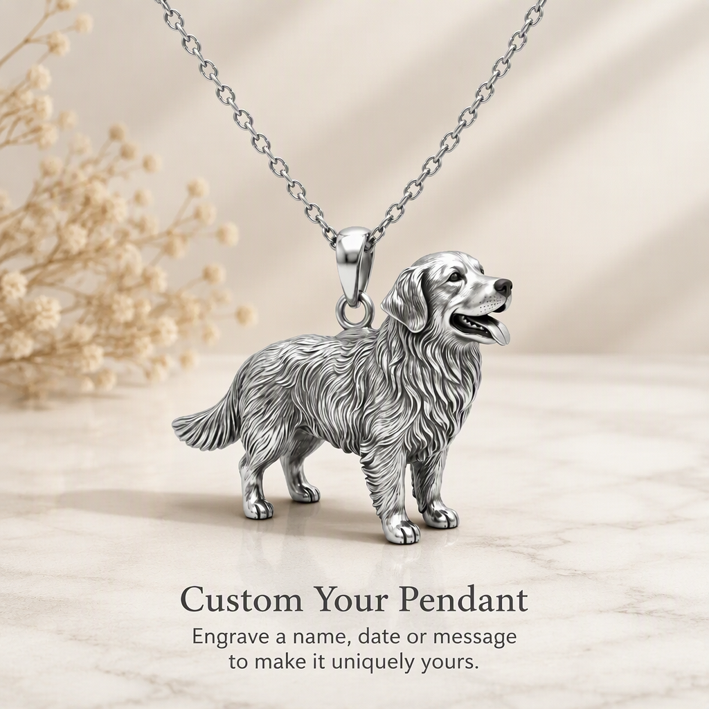 Custom 925 Sterling Silver 3D Pet Photo Portrait Necklace Sculpted Full Body Golden Retriever Figure Pendant Memorial Gift For Her