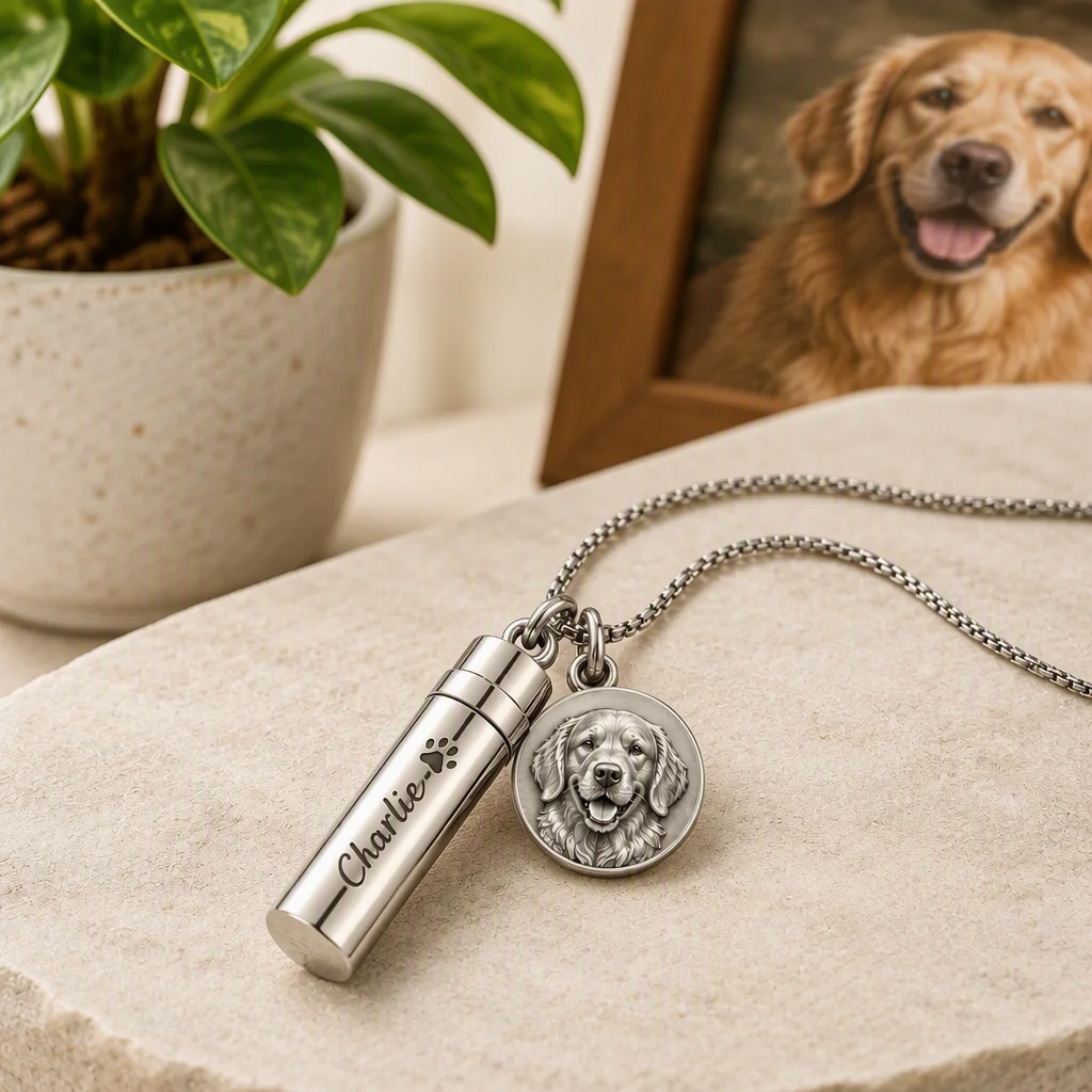 Personalized 925 Sterling Silver Custom 3D Relief Pet Portrait Photo Necklace Urn Cylinder Pendant Pet Loss Memorial Keepsake Jewelry Gift For Pet Lovers