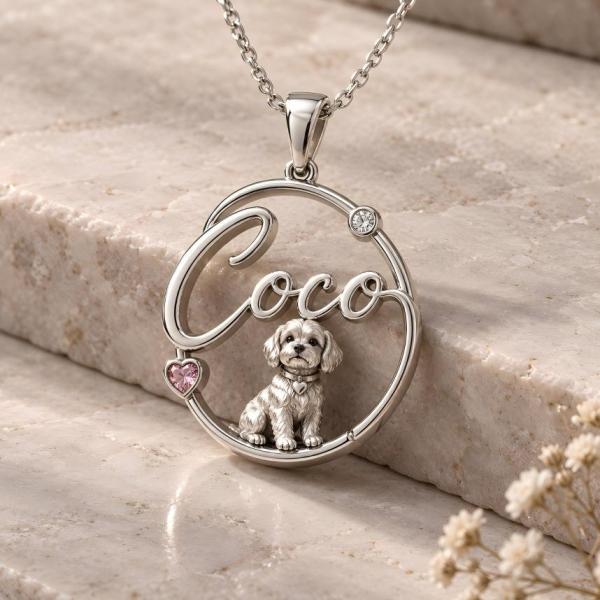 Personalized Pet Name Necklace Custom 3D Photo Necklace in Sculptural 925 Sterling Silver with Pet Portrait & Heart Gemstone Accents Sentimental Jewelry Gift for Pet Lovers - namenecklace