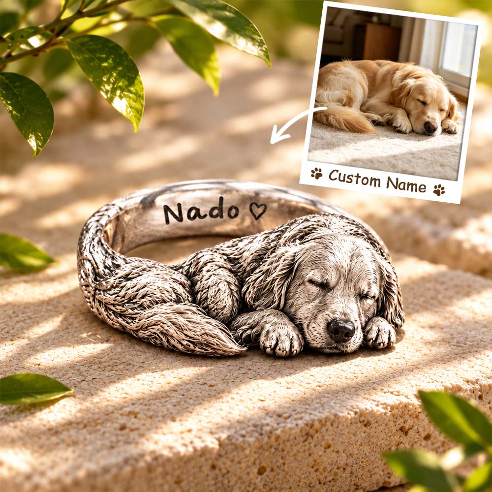 Custom 3D Embossed Sleeping Pet Ring Personalized 925 Sterling Silver Photo Golden Retriever Ring Dog Memorial Gift