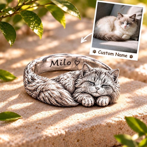 Custom 3D Embossed Sleeping Pet Ring Personalized 925 Sterling Silver Photo Ragdoll Ring Cat Memorial Gift