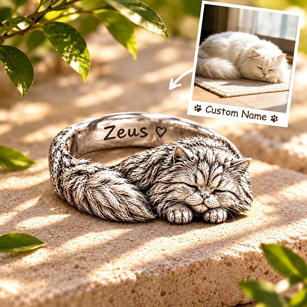 Custom 3D Embossed Sleeping Pet Ring Personalized 925 Sterling Silver Photo Persian Ring Cat Memorial Gift