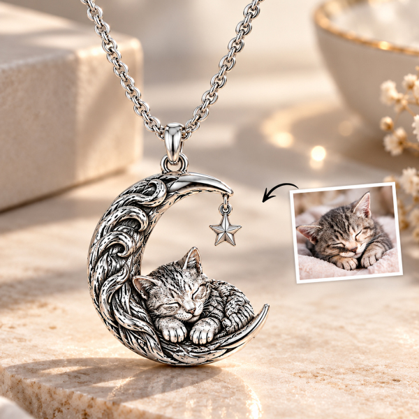 Personalized 925 Sterling Silver Custom 3D Sleeping Pet Photo Crescent Moon Necklace Sculpted Cat Dog Pendant Jewelry Gift For Pet Lovers - CustomPetGifts