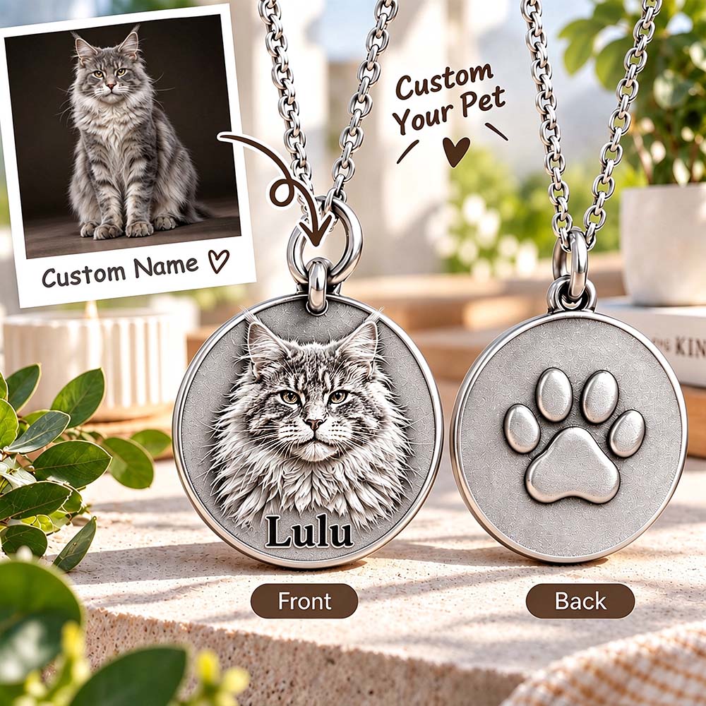 Personalized 3D Embossed Maine Coon Coin Photo Name Necklace Custom 925 Sterling Silver Pet Portrait Coin Necklace Gift for Cat Mom