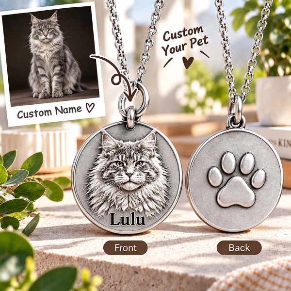 Personalized 3D Embossed Maine Coon Coin Photo Name Necklace Custom 925 Sterling Silver Pet Portrait Coin Necklace Gift for Cat Mom