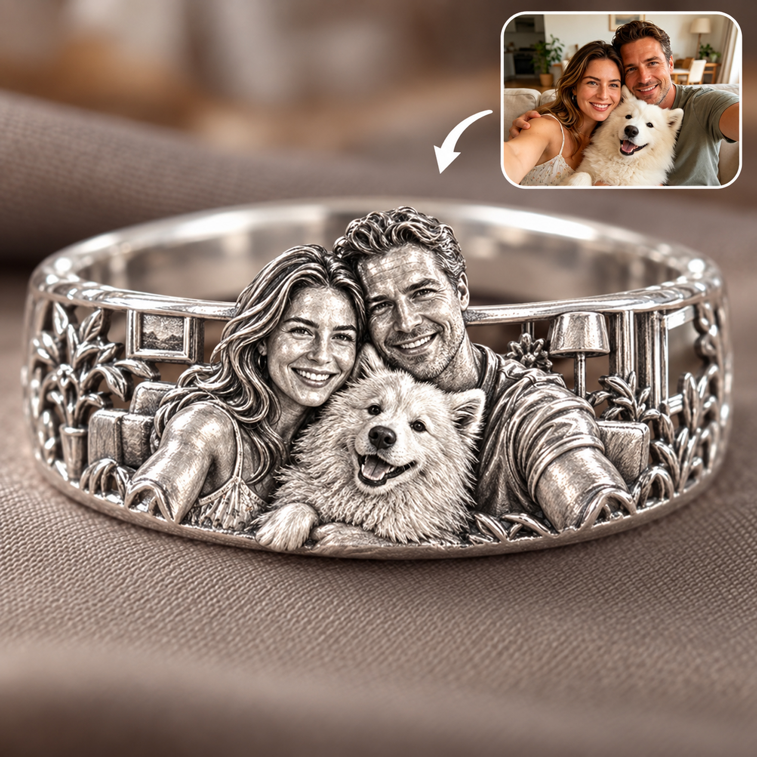 Personalized S925 Sterling Silver 3D Pet Ring, Custom Photo to 3D Sculpted Dog & Cat Animal Ring with Custom Scene Unique Pet Mom Keepsake Jewelry - namenecklace