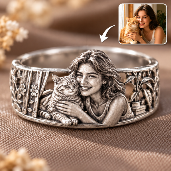 Personalized S925 Sterling Silver 3D Pet Ring, Custom Photo to 3D Sculpted Dog & Cat Animal Ring, Floral Heart Scene Unique Pet Mom Keepsake Jewelry - namenecklace